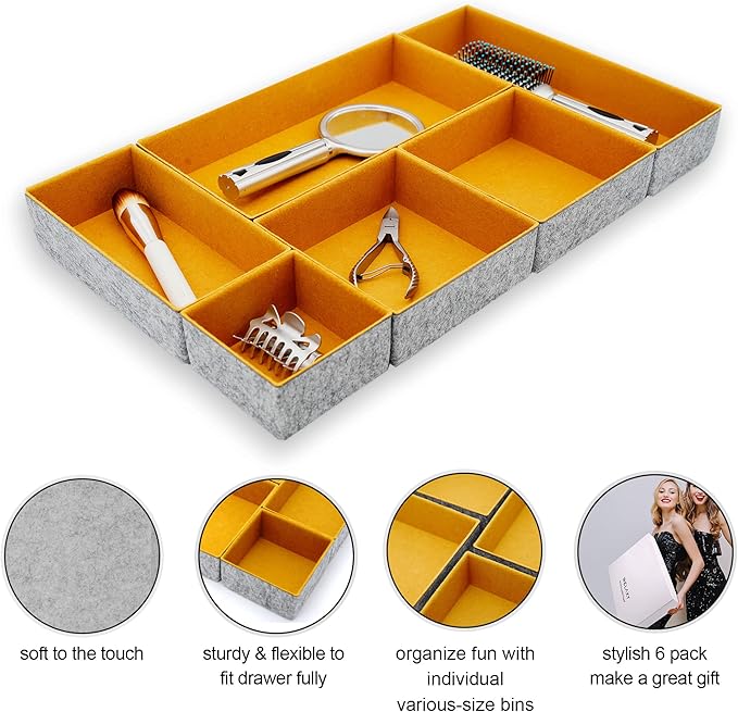 Welaxy Deluxe drawer organizers multi-purpose storage box junk bins for office home kitchen bedroom bathroom nightstand holder quiet luxury gifts 6-piece Style A (Curry)