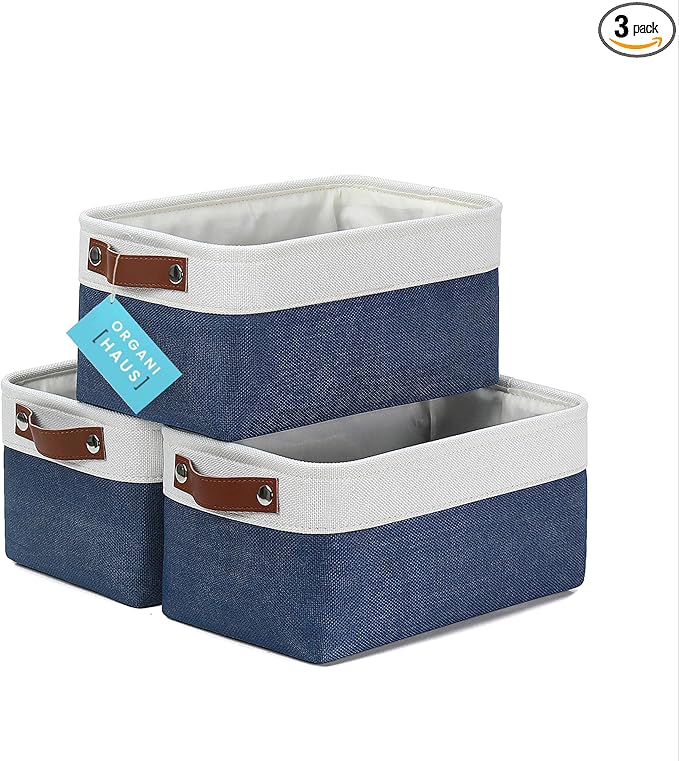 OrganiHaus Small Fabric Storage Baskets for Shelves 3 Pack, 12x08in Closet Storage Bins for Shelves, Canvas Baskets for Organizing, Linen Closet Organizers, Cloth Basket, Navy Blue/Off-White
