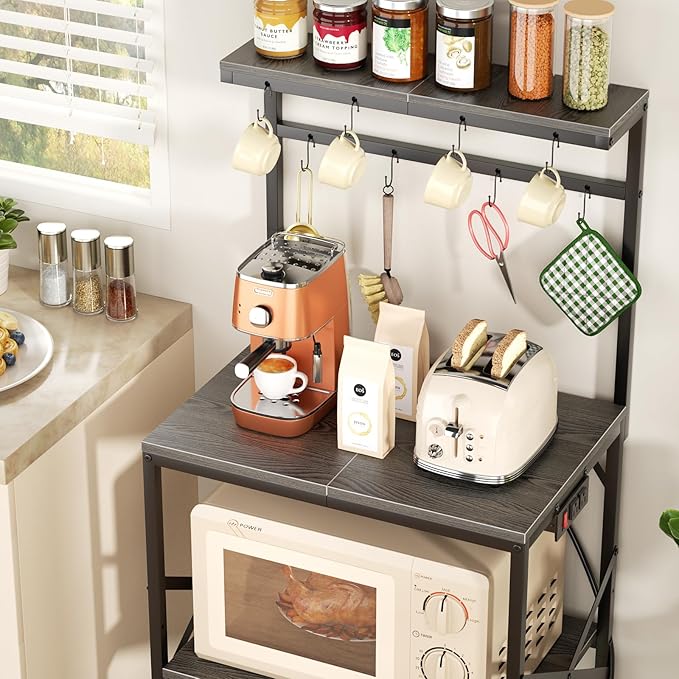 Kitchen Bakers Rack with Power Outlet, Small Coffee Bar Cart 4 Tiers, Microwave Stand with 8 Hooks, Adjustable Shelf, Freestanding Kitchen Appliance Stand, Black Oak