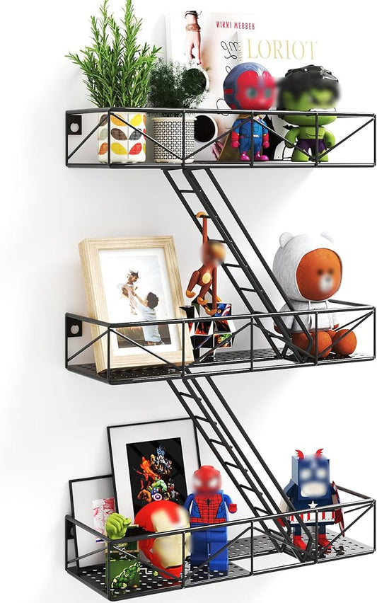 Fire Escape Shelf - 3 Tier Black Fire Escape Wall Shelves with Basket Wall Organizer, New York Metal Decorative Shelves, DIY Floating Action Figurine Display Shelf for Bedroom