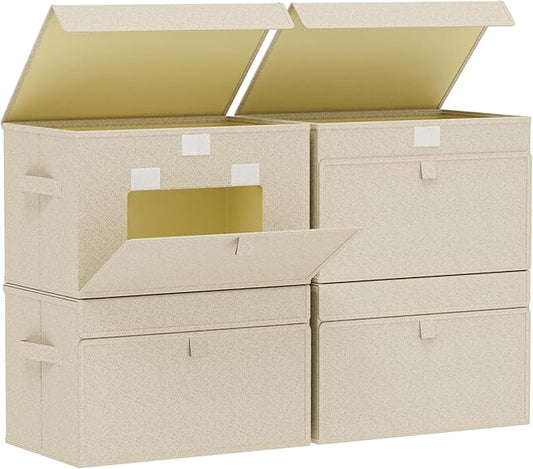 Fabric Storage Boxes, Closet Organizer with Handles, Basket Bins with Flip Cover, Cube Organization for Clothes, Shoes, Blankets, 15x9.8x9.8in, Grey and Beige, 4 Pack