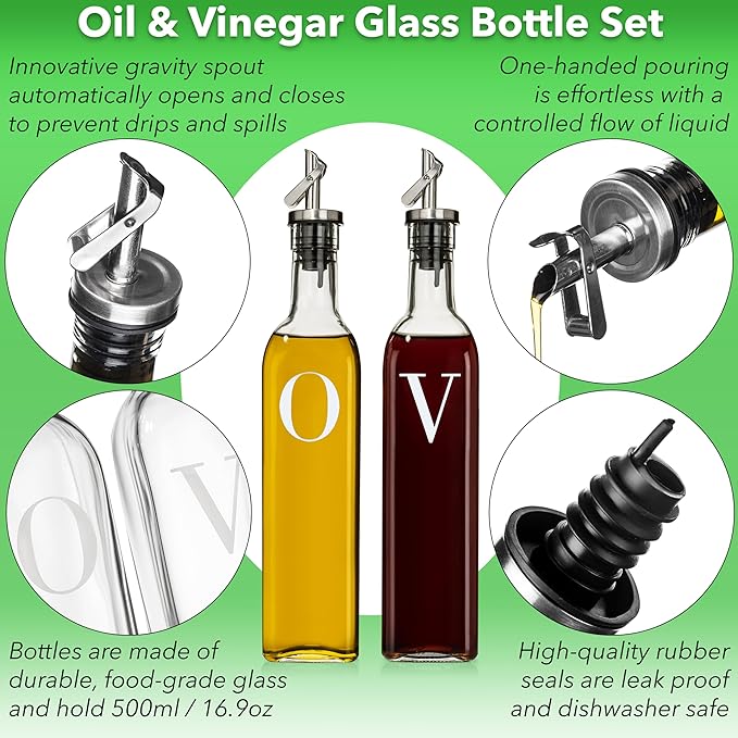GREENOLIVE Olive Oil and Vinegar Dispenser Set - 17 oz. Glass Bottles with No-Drip BPA-Free Spouts - Stylish O and V Identifiers for Kitchen and Dining Use - Set of 2