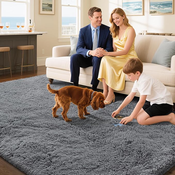 Fluffy Rug Shaggy Area Rug, Dark Grey 9x12 Area Rugs for Living Room, Large Shag Area Rugs for Bedroom Kids Room Home Decor, Upgrade Anti-Skid Rectangular Fuzzy Rugs