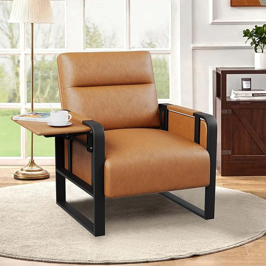 Modern Brown Accent Chair PU Leather Upholstered Armchair with Tray Table for Bedroom Living Room Chairs Office Chair