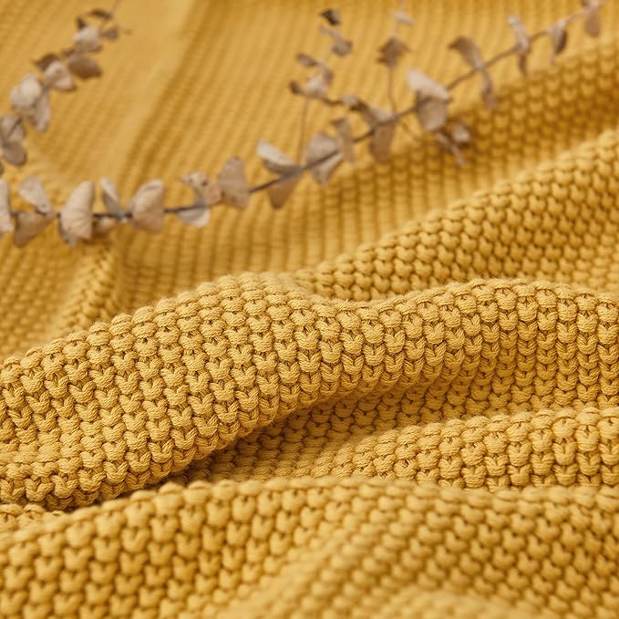 Longhui bedding Mustard Yellow Cotton Cable Knit Throw Blanket for Couch Sofa Bed, Home Decorative Lightweight Knitted Blankets with Bonus Laundering Bag, 60“ x 80”, Machine Washable