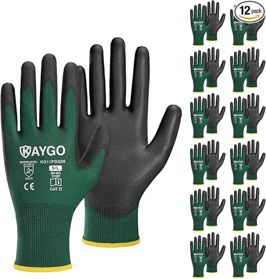 KAYGO Work Gloves for Men and Women,12 Pairs Seamless Knit PU Coated Safety Gloves, with Smooth Grip on Palm and Fingers, Ideal for Light Warehouse, Manufacturing, Gardening, KG11P (L,Dark Green)
