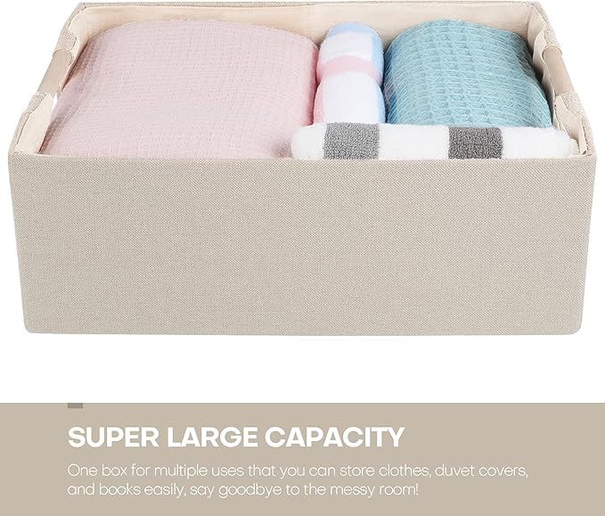 ANMINY 4PCS Storage Baskets for Organizing Collapsible Fabric Storage Bins Boxes with Wood Handles Closet Shelves Cube Organizer Bins Clothes Laundry Storage Container - Large, Beige