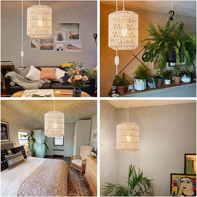 Plug in Pendant Light, Rattan Hanging Lights with Plug in Cord 15ft Dimmable Cord, Hand Woven Wicker Lampshade Hanging Lamp, Boho Plug in Hanging Ceiling Light Fixture for Farmhouse Bedroom White