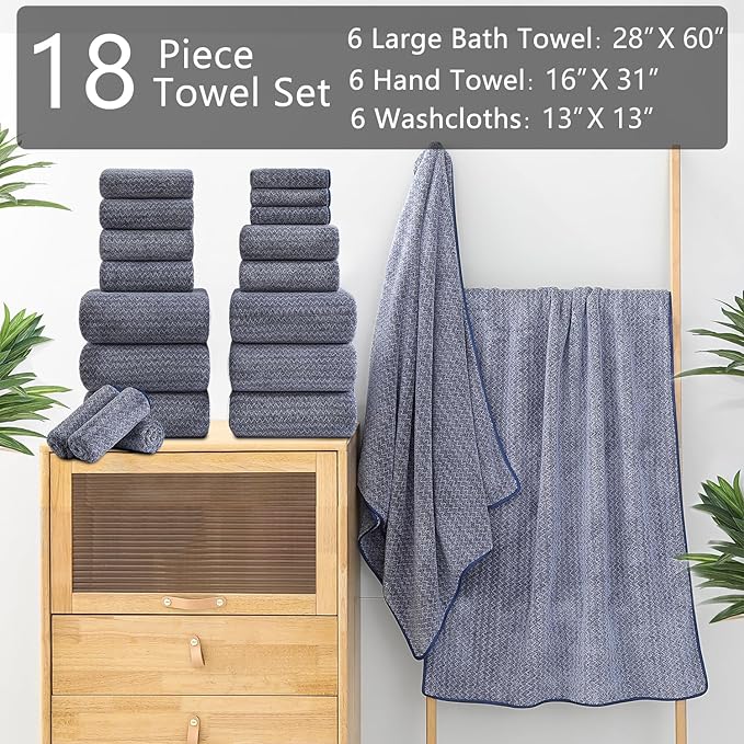 18 Piece Bath Towels Set,100% Microfiber Family Bathroom Towel with Hanging Loops-6 Bath Towels,6 Hand Towels,6 Washcloths,Quick Dry Highly Absorbent Shower Towel for Bathroom,Hotel,Spa-Navy