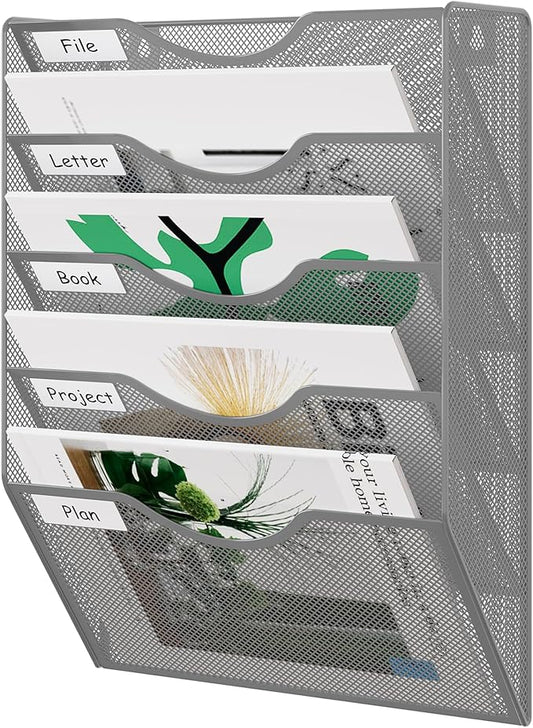 EasyPAG Wall File Organizer 5 Tier Hanging Paper Folder Holder, Zero Assembly Metal Mesh Wall Mounted Mail Organizer for Office Home Classroom Narrow Spaces, Silver
