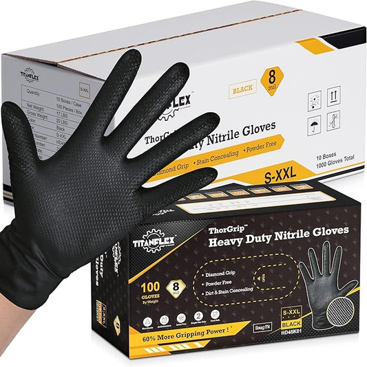 TitanFlex Heavy Duty Black Industrial Nitrile Gloves with Raised Diamond Texture, Latex Free (6mil/8mil)