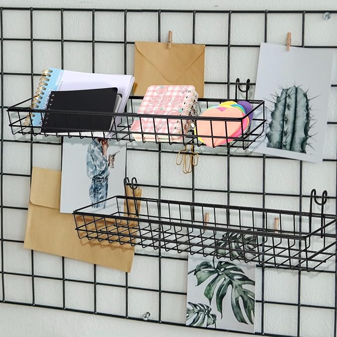 4 Pcs 15.75 x 3.94 x 1.97 Inch Metal Grid Wall Baskets with Hooks Grid Wall Shelves Hanging Wire Basket Multi Function Storage Organizer for Kitchen Organizing Display (Black)
