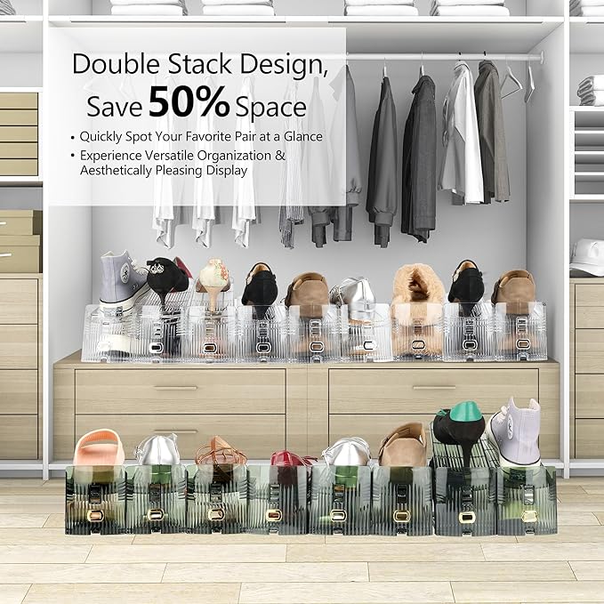 Yes!Fresh Shoe Slots Organizer, Boutique Display Style Shoe Stacker for A Pair of Shoes, Separable Shoe Rack for Closet Organization, 3 Adjustable Narrow Shoe Rack (Clear, 8 Pack)