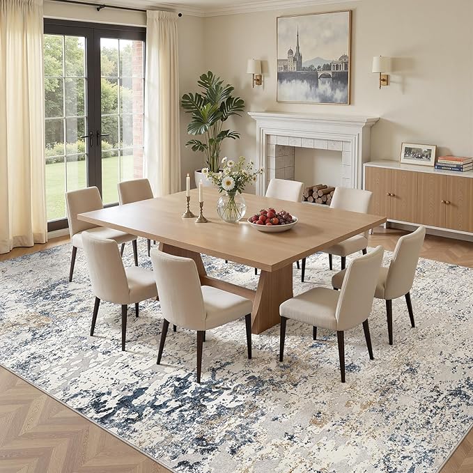 Area Rug Living Room Rugs - 12x18 Washable Extra Large Soft Indoor Neutral Modern Abstract Low Pile Rug Carpet for Bedroom Dining Room Farmhouse Home Office - Beige Blue