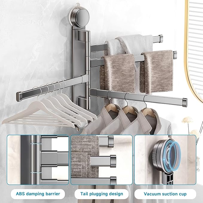 Suction Cup Towel Rack,Space Saving Wall Mounted Swivel Towel Holder, SUS304 Stainless Steel 4-Arm No Drilling Towel Bar for Bathroom, Kitchen-Grey