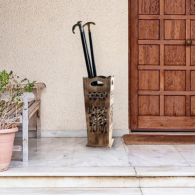 Hand-Carved Wooden Umbrella Stand & Walking Cane Holder | 21 Inch Tall Decorative Umbrella Rack for Entryway, Home & Office | Rustic Floor Storage Organizer