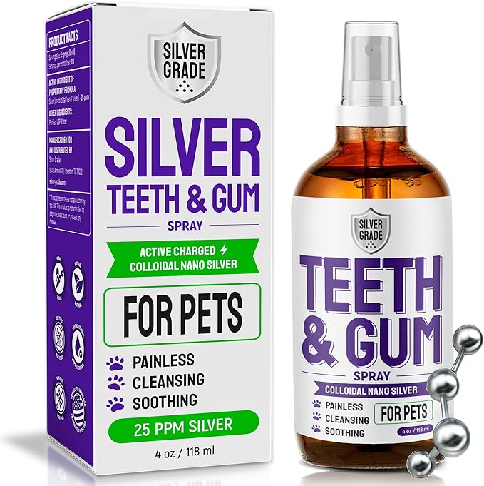 Dog Breath Freshener Teeth & Gum Spray for Pets – Cat Teeth Cleaning Spray Helps with Plaque, Tartar, and Caries – Colloidal (Nano) Silver + Deionized Water – 4 Oz Bottle