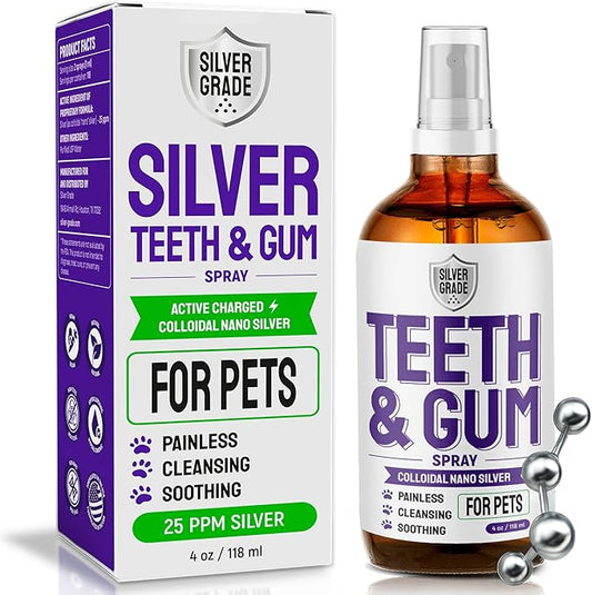 Dog Breath Freshener Teeth & Gum Spray for Pets – Cat Teeth Cleaning Spray Helps with Plaque, Tartar, and Caries – Colloidal (Nano) Silver + Deionized Water – 4 Oz Bottle