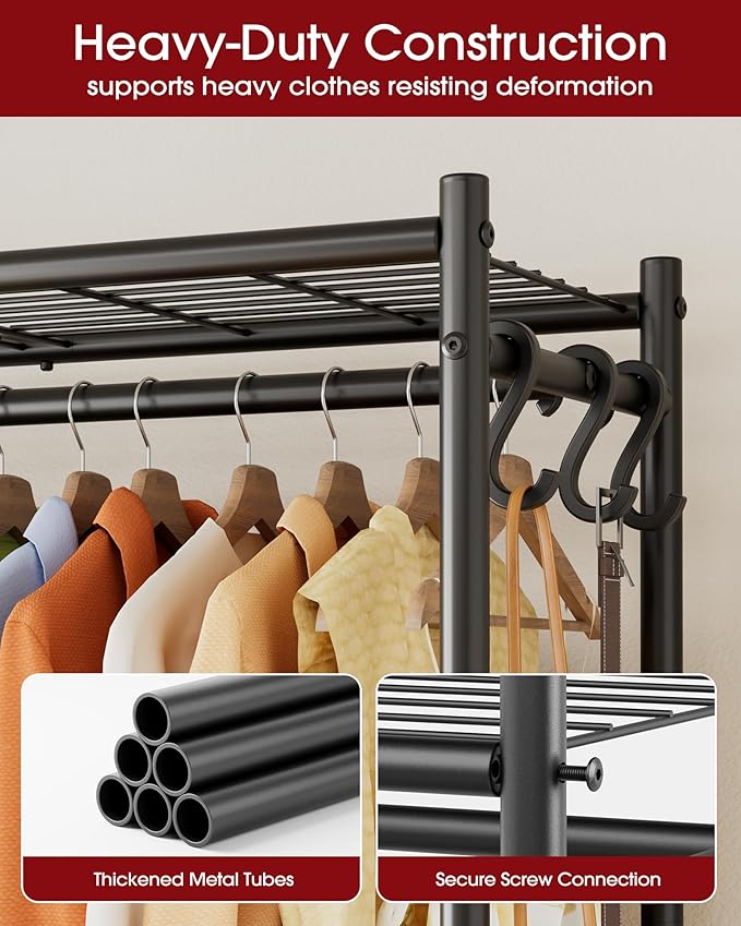 Closet Organizers and Storage - Free-Standing Clothes Rack with Leveling Feet & Wall-Anchor Straps, Wardrobe Closet with 6 Hooks for Bedroom, Living Room, Laundry, 48.8"×12.6"×62.2", Black