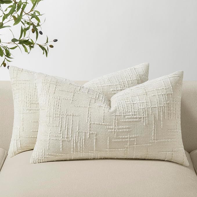 Decorative Couch Throw Pillow Covers 12x20 Set of 2 White Soft Chenille Pillow Covers Neutral Textured Boho Cushion Covers for Modern Farmhouse Sofa Bedroom Living Room Decor SY008-A12