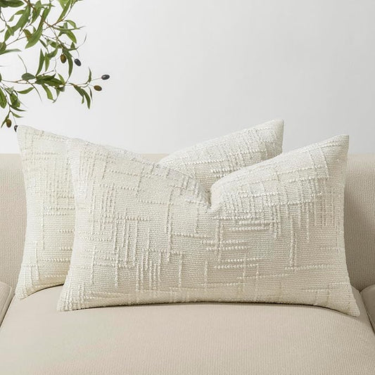 Decorative Couch Throw Pillow Covers 12x20 Set of 2 White Soft Chenille Pillow Covers Neutral Textured Boho Cushion Covers for Modern Farmhouse Sofa Bedroom Living Room Decor SY008-A12
