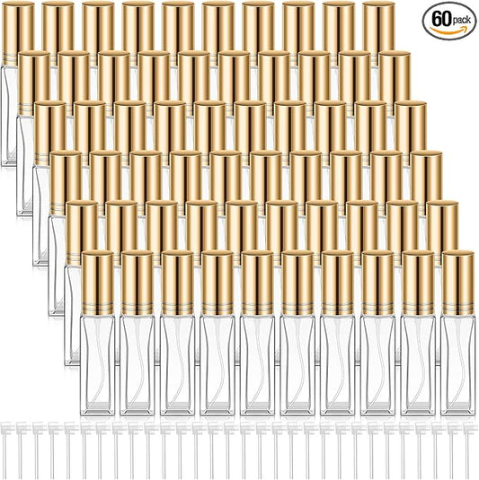 Domensi 60 Pcs 8 ml Empty Glass Perfume Bottles Bulk - Gold Refillable Cologne Spray Atomizer with Pump, for Travel, Skincare, Haircare, Cleaning & DIY Essentials