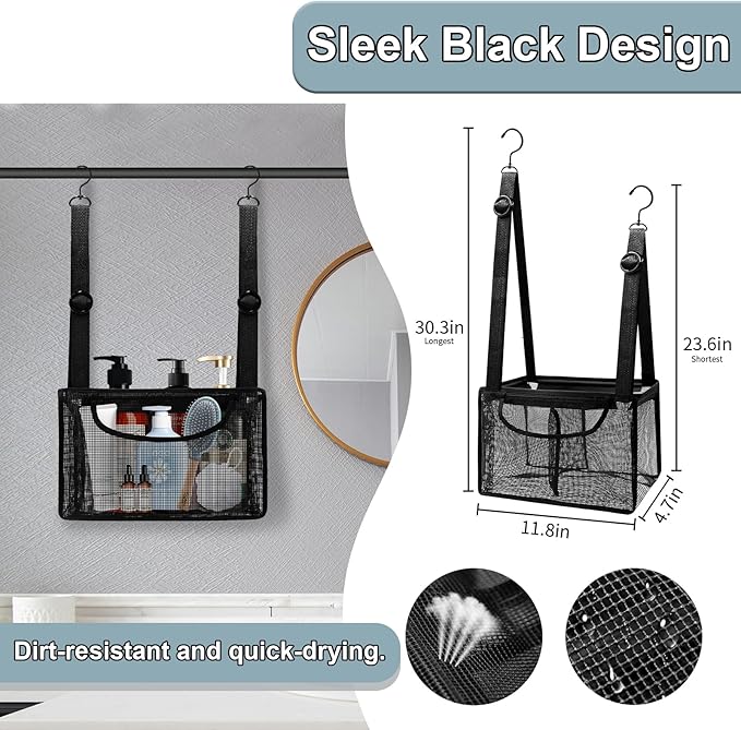 Black PVC Mesh Hanging Shower Caddy with 2 Magnetic Hooks, Adjustable Portable Bathroom Organizer with Pockets for Cruise, Dorm, Gym, Camping, RV, 12"x6"x7"(LxWxH)