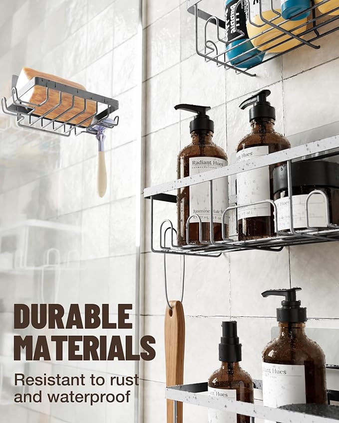 Veken Adhesive Shower Caddy 5-Pack,Heavy Weight Bearing,Large Wall Mounted Shower Shelves Rack,Organizer Storage Accessories with Soap Dish&Toothbrush Holder,Ideal for Bathroom,Home&Kitchen,Silver
