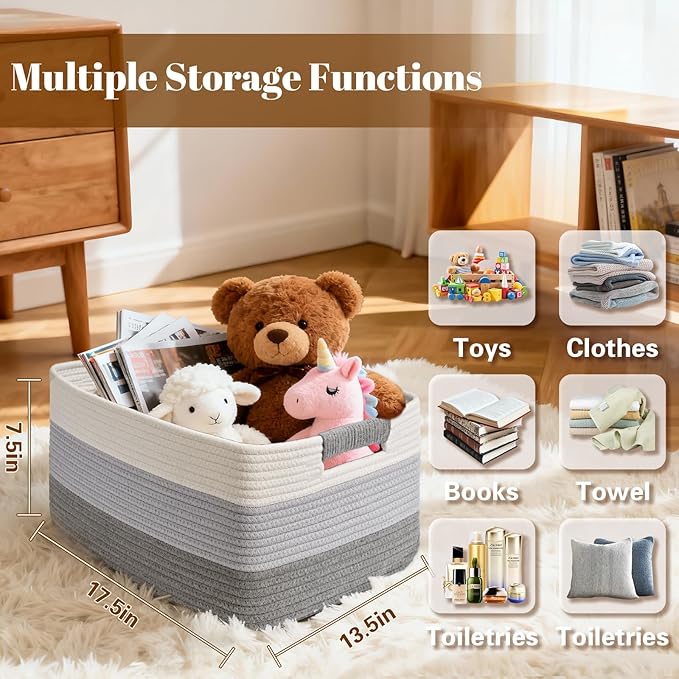 3 Pack Large Storage Basket for Organizing, 17.5"x13"x7" Woven Basket for Shelves, Closet Cube Storage Bins with Wrapped Handle, Cotton Rope Baskets for Kitchen, Clothes, Toys(Gradient Grey)
