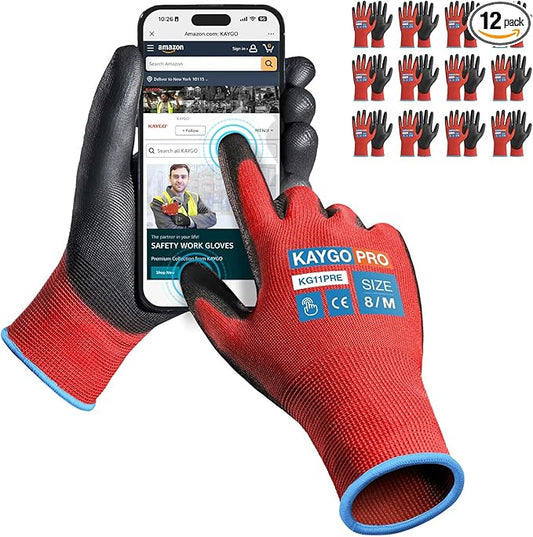 KAYGO Work Gloves PU Coated for Men and Women, 12 Pairs Safety Work Gloves with Two Fingers Touchscreen, Breathable and Lightweight,Ideal for Light Warehouse, Manufacturing, Gardening, KG11P (M, Red)