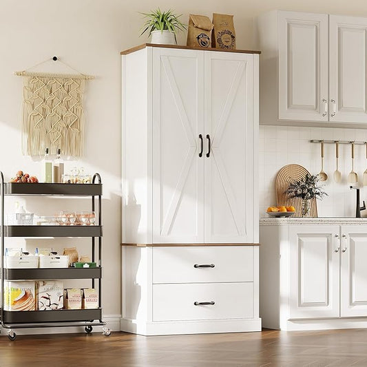 IDEALHOUSE Kitchen Pantry Storage Cabinet with Barn Doors, Drawer, and 2 Adjustable Shelves, Freestanding Tall Hutch with Microwave Stand for Kitchen, Dining Room, White