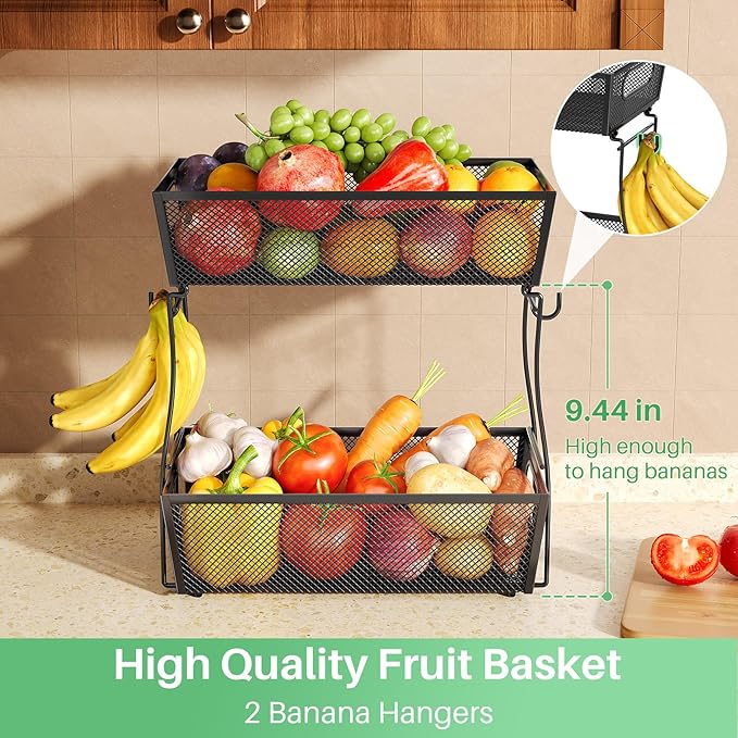 2 Tier Fruit Basket Bowl for Kitchen Counter with 2 Banana Hangers, Countertop Metal Mesh Basket Stand Fruit Holder for Veggies Onion Potato Bread Snack, 2 Pack