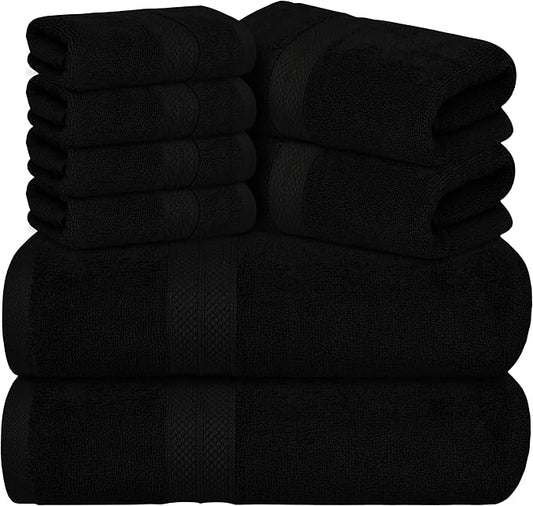 Avalon Towels Luxury 8 Piece Black Towels Set, 2 Bath Towels, 2 Hand Towels and 4 Washcloths, 600 GSM 100% Ring Spun Cotton Highly Absorbent Black Bathroom Towels, Ideal for Hotel, Spa and Gym