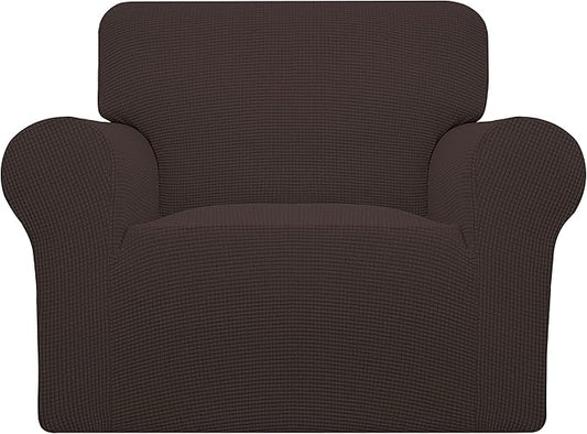 Easy-Going Stretch Chair Sofa Slipcover 1-Piece Couch Sofa Cover Furniture Protector Soft with Elastic Bottom for Kids, Pet. Spandex Jacquard Fabric Small Checks (Chair, Chocolate)