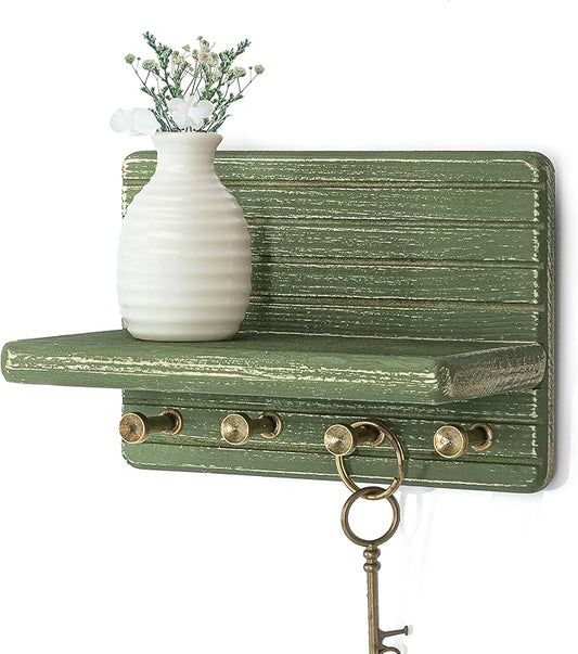 Rebee Vision Pine Wood Key Holder Wall Mount – Decorative 7-inch Key Holder for Wall with Wooden Shelf & Hooks – Room Decor Aesthetic Perfect for Various Settings (Green)