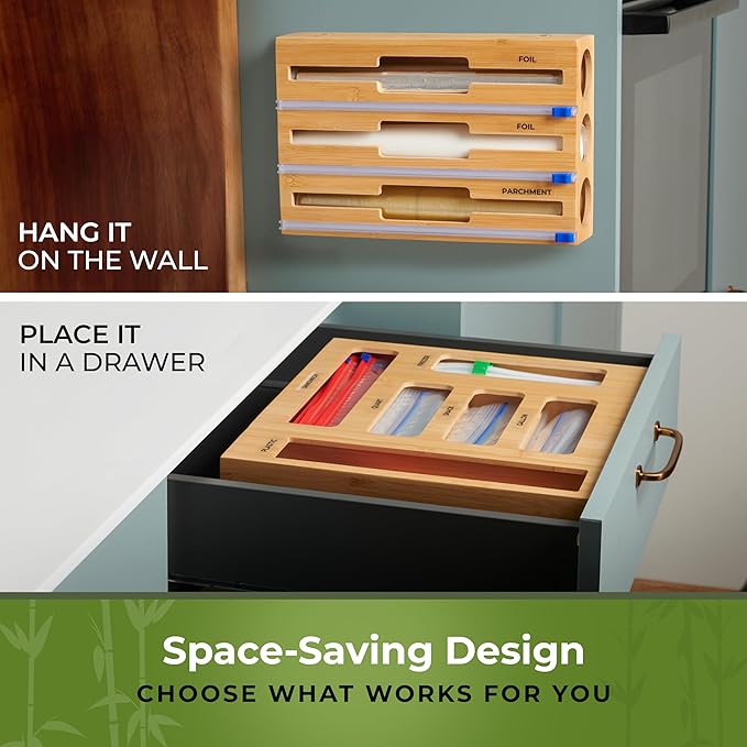 Bamboo Storage Bag Organizer, 9 in 1 Sandwich Bag Organizer & Foil Wrap Dispenser with Labels – Fits Gallon, Quart, Snack [Measure Your Drawer Before Ordering]