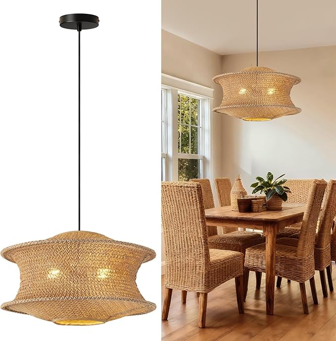 18" Boho Rattan Pendant Light Fixture, Large Woven Hanging Ceiling Lamp, Natural Farmhouse Chandelier for Dining Room, Kitchen Island, Living Room, Entryway, Rustic Foyer Lighting