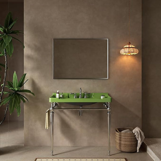 36" Bathroom Console Sink, Wall-Mounted Green Ceramic Vanity Basin with 3 Pre-drilled Faucet Holes, Freestanding Chrome Stainless Steel Support Legs with Towel Bar, No Faucet - Rome, Green