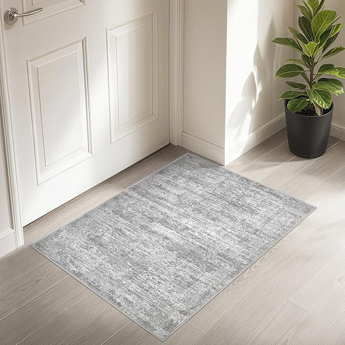 2x3 Entryway Area Rug: Washable Neutral Modern Abstract Small Rug - Non-Slip Low Pile Throw Indoor Carpet for Entrance Kitchen Front Door Mat Bathroom Entry Kids Room - Vintage Grey