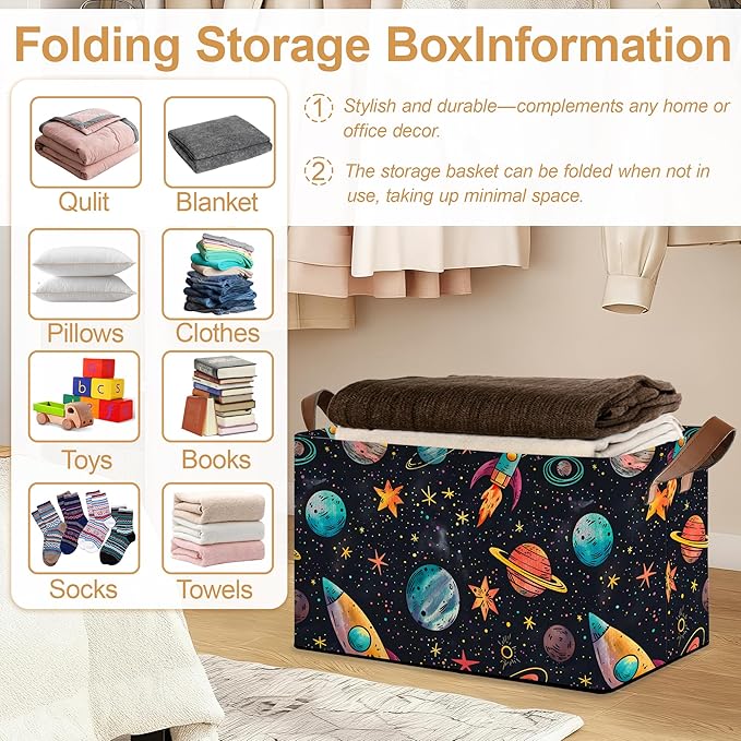 Decorative 32L Space Planet Storage Bins with Handles, Organization and Storage, Cube Storage Organizer for Hamper, Nursery