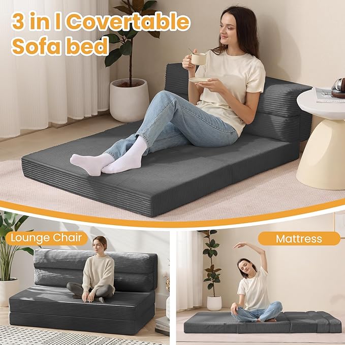 Folding Mattress Twin, Convertible Sofa Bed Foldable Futon Mattress with Corduroy Cover, Fold Out Floor Couch Bed for Living Room, High-Density Memory Foam, 5'', Grey