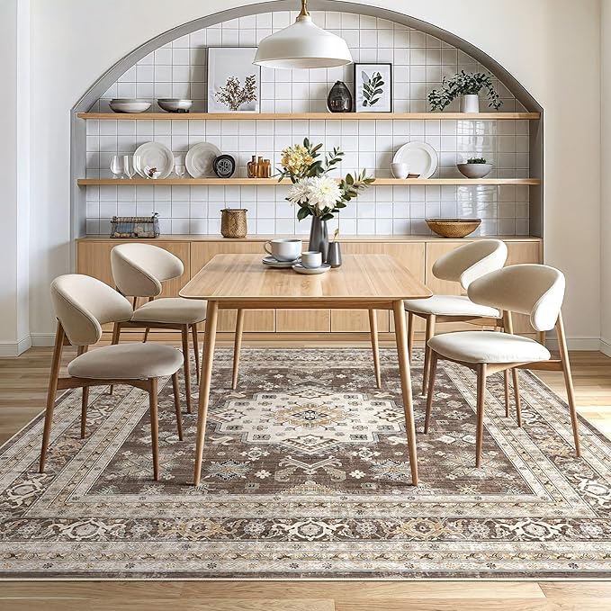 Vintage Living Room Square Area Rug 8x8 - Large Soft Washable Oriental Traditional Distressed Farmhouse Rugs for Bedroom - Indoor Floor Accent Carpet for Home Office House Decor - Dark Brown