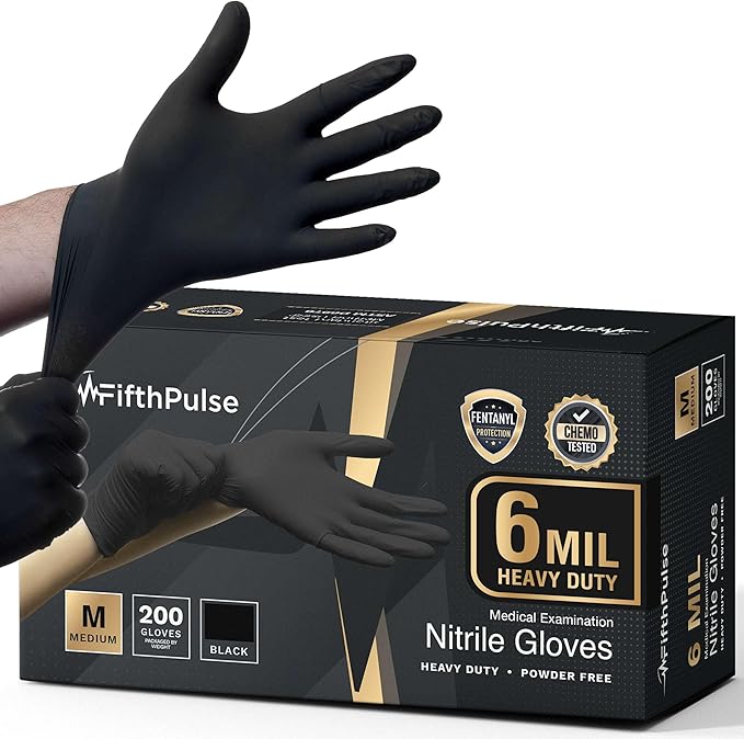 6 Mil Black Nitrile Gloves, Heavy Duty Mechanic and Food Grade Glove - Powder-Free, Latex-Free Medical Exam Gloves
