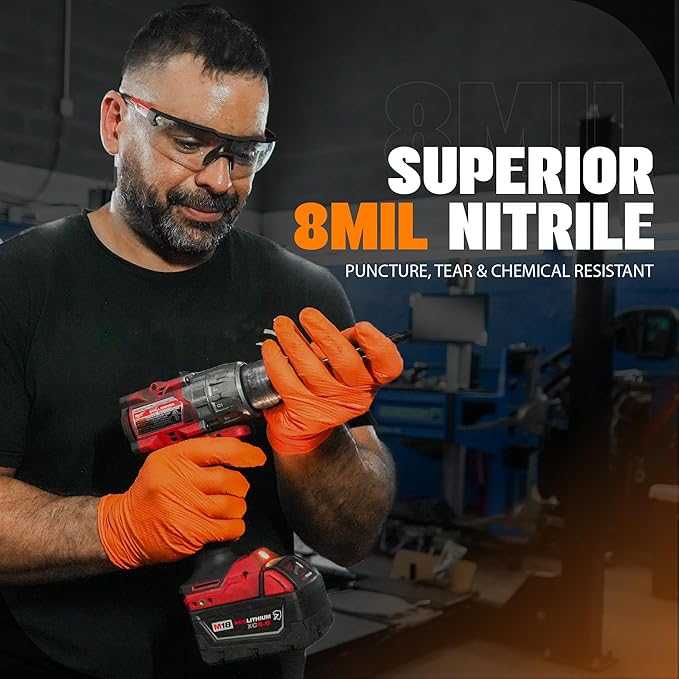 Herkules Grip Heavy Duty 8Mil Orange Nitrile Gloves,3D Raised Diamond Texture-Latex & Powder Free-Industrial, Mechanic (1, X-Large)
