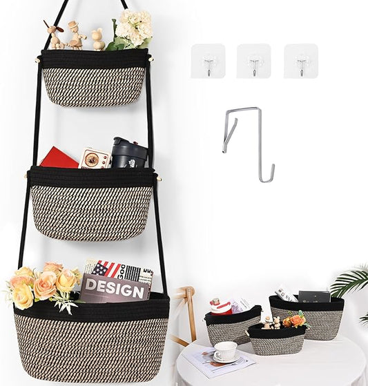 Hanging Storage Baskets, Over the Door Basket, Cotton Wall Baskets Storage, Hanging Door Basket with 4 Hooks