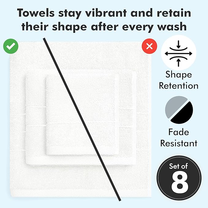 Bath Towels Set of 8 – 100% Cotton (White) Bathroom Towel Set Bale Includes 2 Bath, 2 Hand, 4 Face Towels – Soft, Absorbent & Quick Dry Towel for Bathroom, Spa, Kitchen, Hotel Use