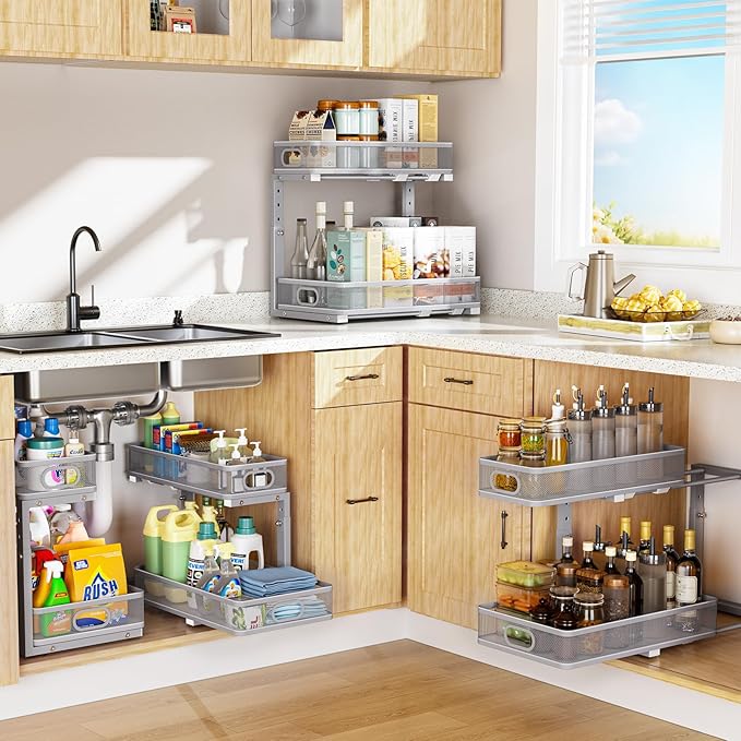 der Sink Organizer, High Adjustable 2 Tier Under Sink Organizers and Storage, Slide Out Metal Cabinet Organizers, Pull Out Sink Storage Drawer Shelf for Kitchen Bathroom Cabinet, Grey, 2 Pack