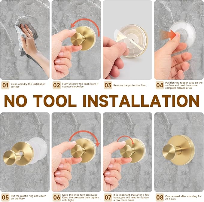 Gold Suction Cup Hooks for Shower Heavy Duty Wreath Hangers for Front Door Waterproof Shower Hooks for Inside, No Drill Towel Hooks for Bathroom Kitchen, Glass Doors, Windows (4, Brushed Gold)