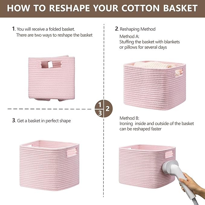 UBBCARE Storage Cubes 4 Pack, 11x 11x 7.8 Cube Storage Bin with Handles, Cotton Rope Baskets for Organizing, Woven Baskets for Shelf, Baby Nursery, Toy Storage, Closet, Classroom, Pink