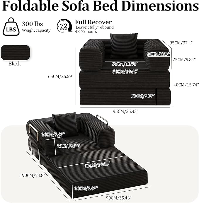 Folding Sofa Bed, 2 in 1 Convertible Sofas Lounger Comfy Single Chair Teddy Fabric Compressed Couch,Boneless FoldingSleeper for Living Room, Guest Bed, Playroom (Black, 35.43" Single Sofa)